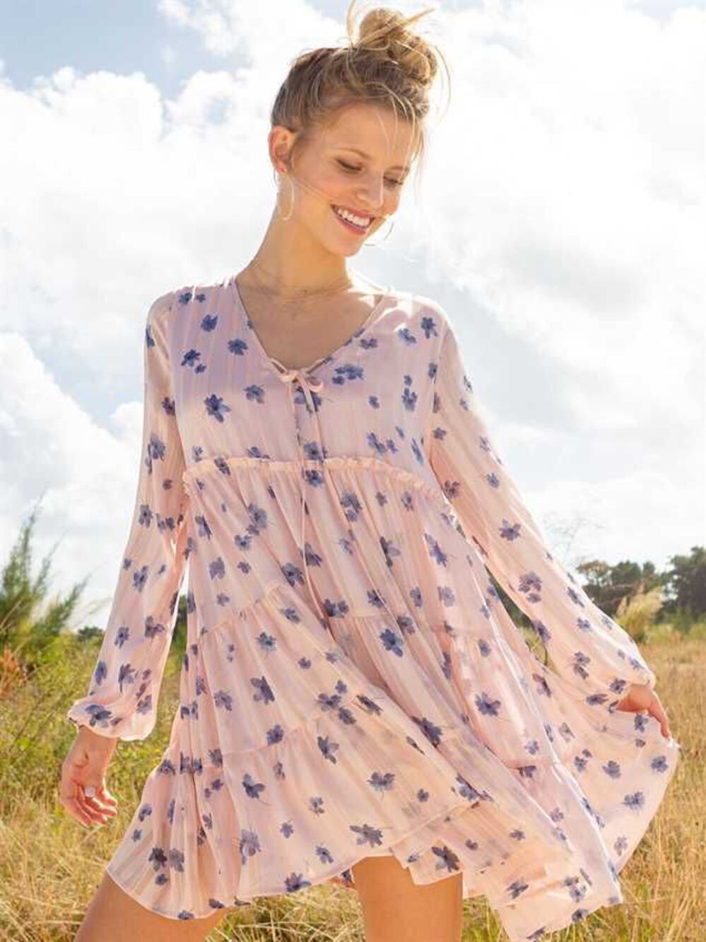 Altar'd State Pink Flowy Floral Mini Babydoll Boho Dress